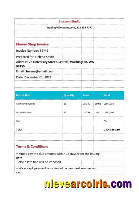 Printable Flower Shop Invoice